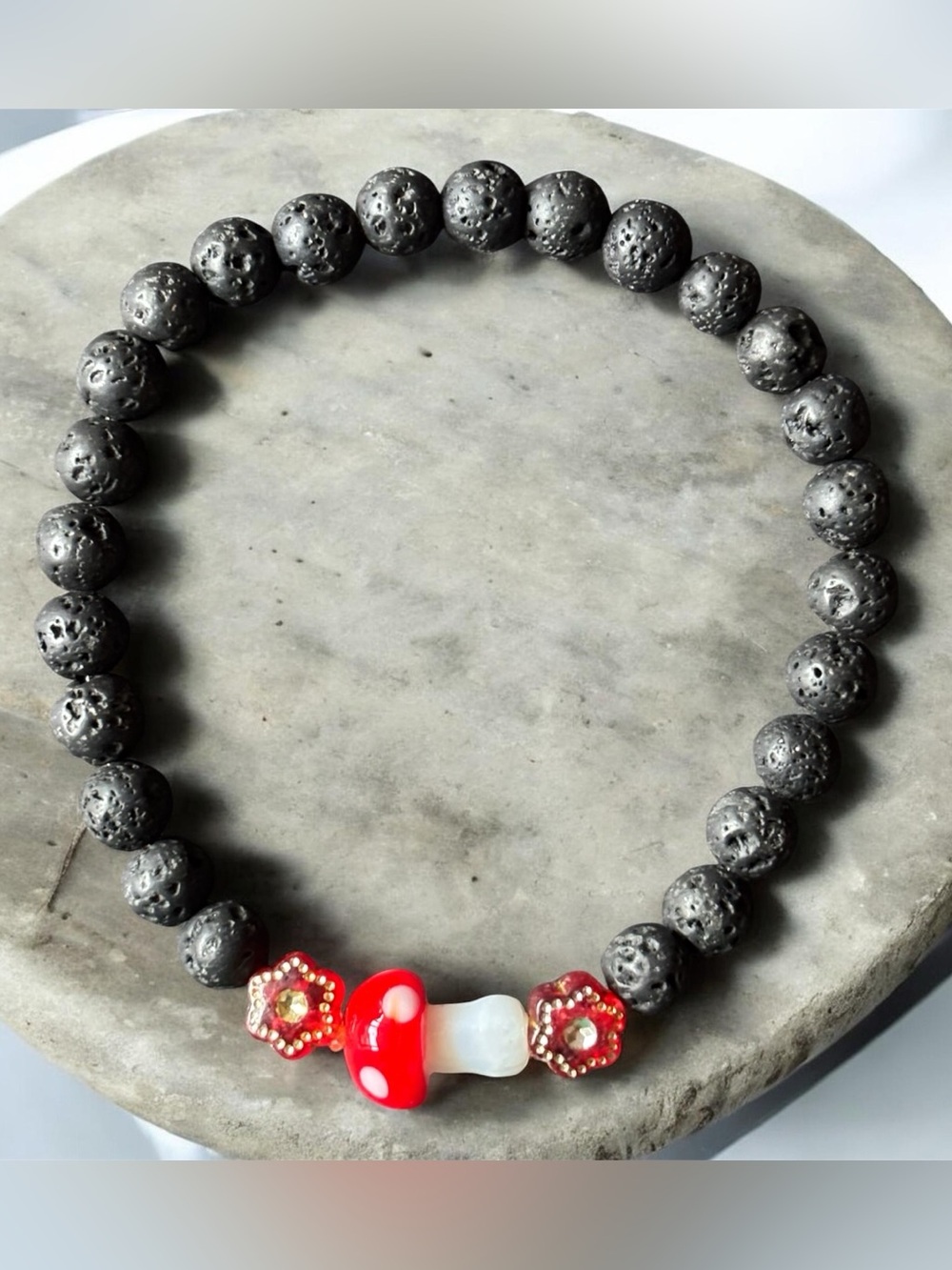 Mushroom Bead Bracelet Red Lava Stone Stretch Bracelet | Size 6.5